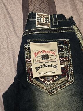 Men's 36x30 Rock Revolution Straight Fit Embroidered Dark Blue Jeans